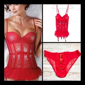Victoria’s Secret Red Lace Bling Lingerie Corset and Panty Set 36C/M